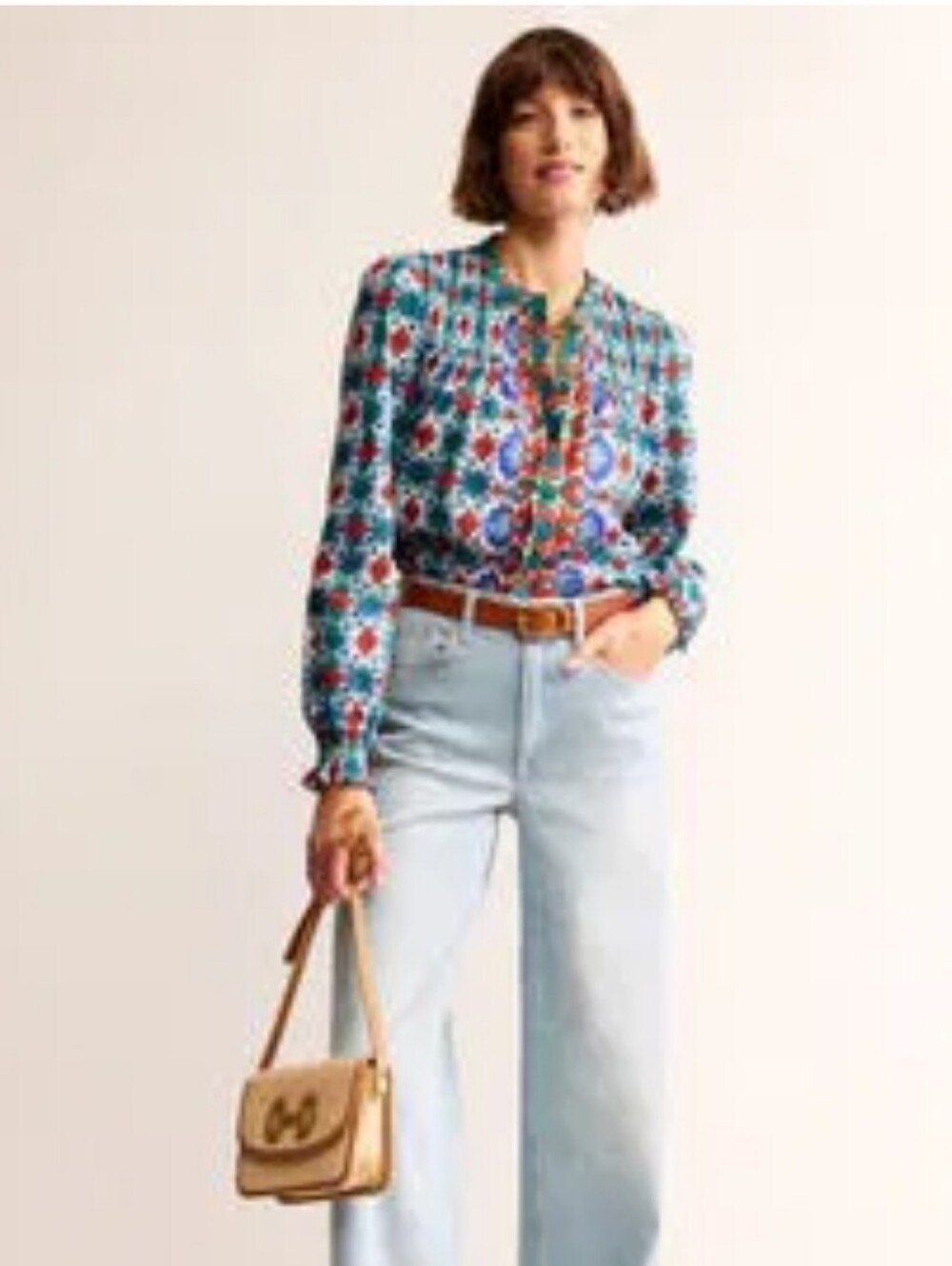 Boden Helena Cotton Multicolor Floral-Print Smocked Button-Front Blouse - Picture 7 of 7